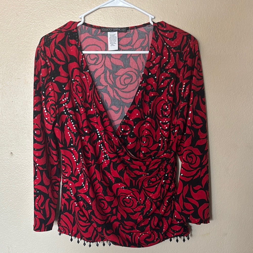 COCO BIANCO Women's Red Rose Sequin Blouse  With Beading Top Size L, Date Night